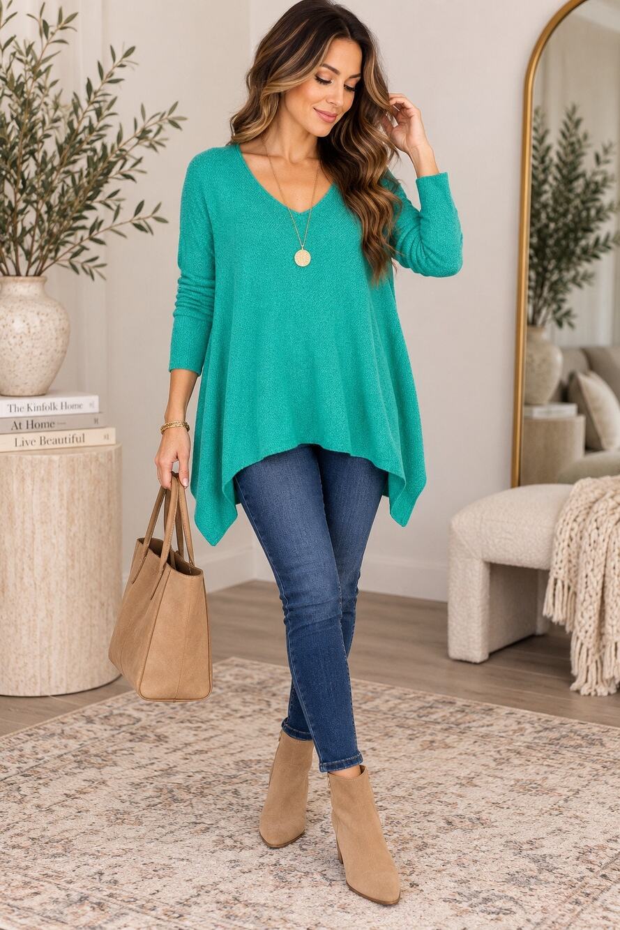 Eileen Fisher 100% Wool Teal Green V Neck Asymmetrical Tunic Sweater S/P